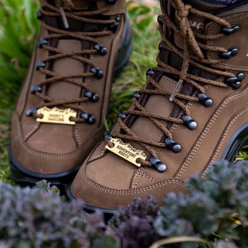 Personalised Solid Brass Hiking Boot Shoe Tags - Custom Outdoor Adventure Gift, Hiking Gift, Walking Gift
