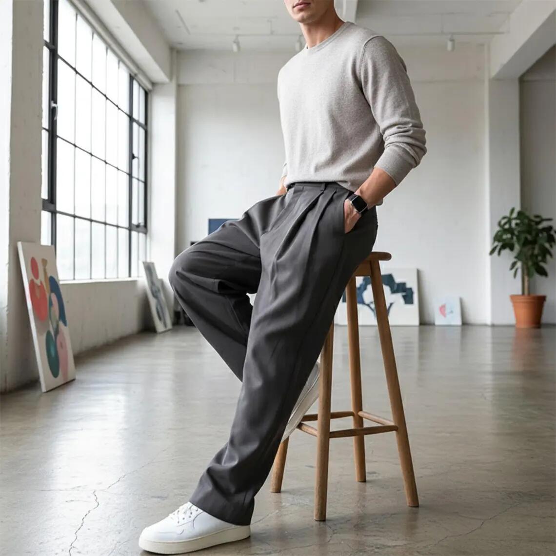 Elegant Cotton Men's Trousers – Wide Leg Pleated Pants, Casual Office Slacks, Minimalist Streetwear,