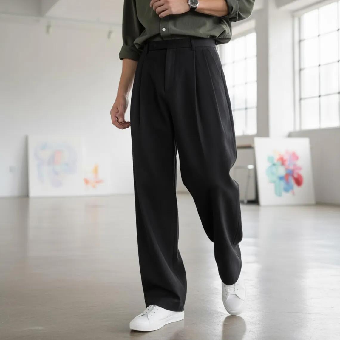 Elegant Cotton Men's Trousers – Wide Leg Pleated Pants, Casual Office Slacks, Minimalist Streetwear,