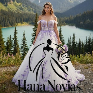 Wrenley – Whimsical Lavender 3D Floral Wedding Dress Bridal Gown with Off-Shoulder Sleeves and Tulle Skirt