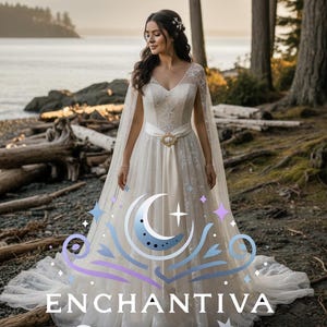 Léonie Celestial Star Wedding Dress – Enchantiva Bridal Gown with Cape Sleeves | Belt Optional | Moonlight Star Embroidered Dress