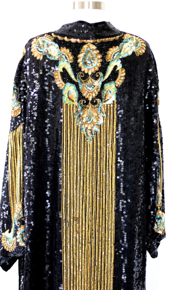 Size L//FABULOUS Gatsby Style Sequin Coat//Vintage Black & Gold Beaded Duster
