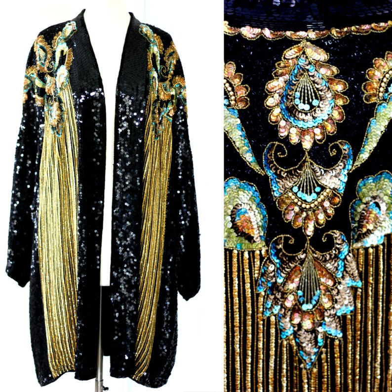 Size L//FABULOUS Gatsby Style Sequin Coat//Vintage Black & Gold Beaded Duster