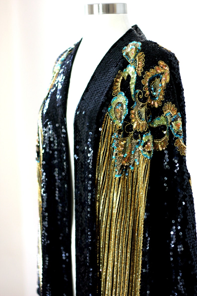 Size L//FABULOUS Gatsby Style Sequin Coat//Vintage Black & Gold Beaded Duster