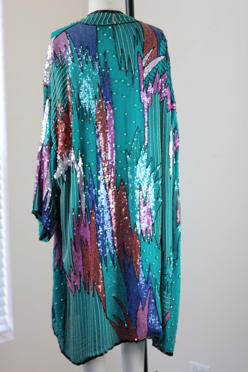 Sz L//Amazing Long Turquoise Patterned Duster//Beaded Sequined Vintage Judith Ann