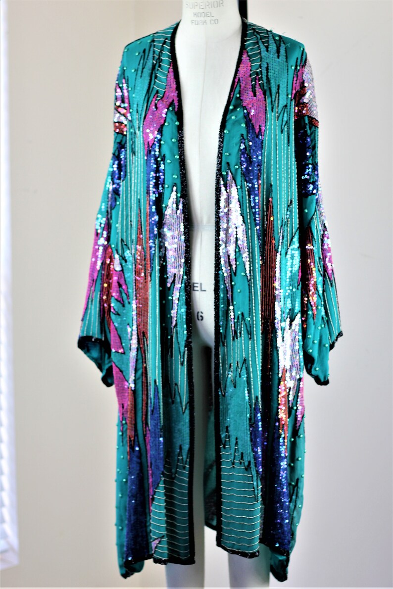 Sz L//Amazing Long Turquoise Patterned Duster//Beaded Sequined Vintage Judith Ann