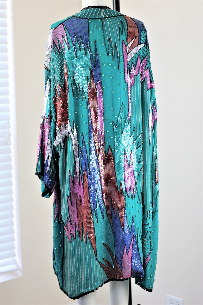 Sz L//Amazing Long Turquoise Patterned Duster//Beaded Sequined Vintage Judith Ann