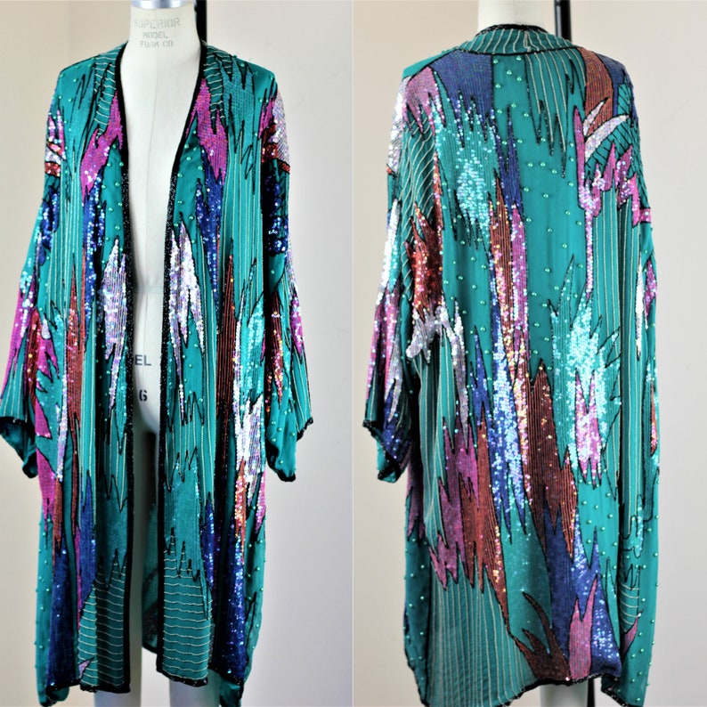 Sz L//Amazing Long Turquoise Patterned Duster//Beaded Sequined Vintage Judith Ann