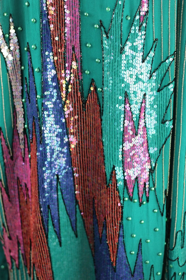 Sz L//Amazing Long Turquoise Patterned Duster//Beaded Sequined Vintage Judith Ann