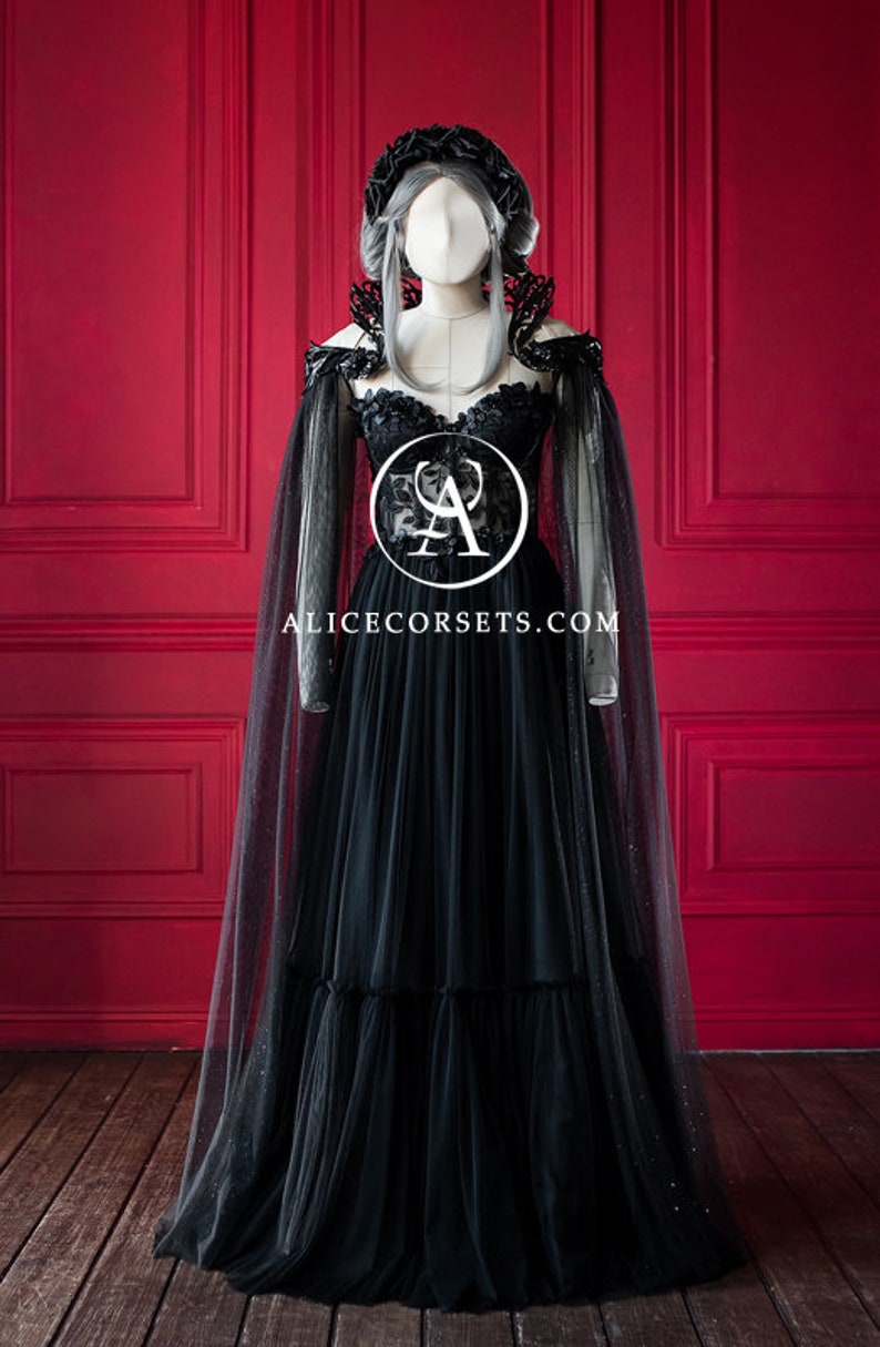 Luxury Gothic Fairytale Wedding Dress Cupped Corset Bodice ~ Black Bridal Gown ~ Halloween Vampire Cape ~ Wiccan Fantasy Masquerade Cloak