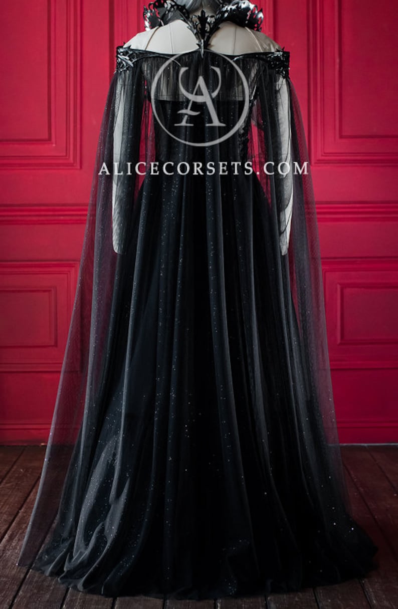 Luxury Gothic Fairytale Wedding Dress Cupped Corset Bodice ~ Black Bridal Gown ~ Halloween Vampire Cape ~ Wiccan Fantasy Masquerade Cloak