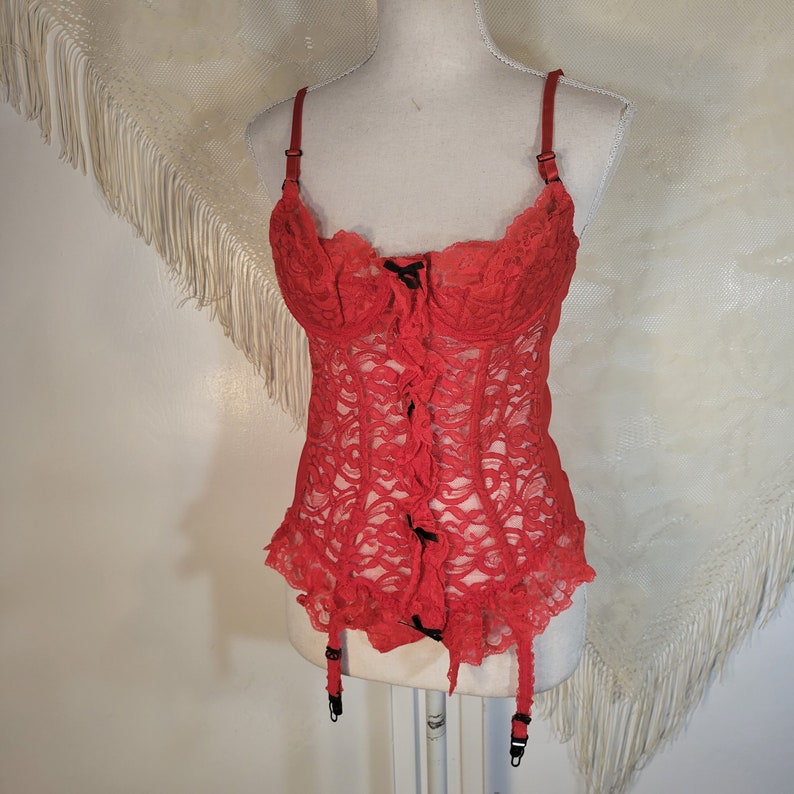 Vintage 80s Darling Red Lace Corset Bustier Garter Size 38 Unworn Lingerie Intimates