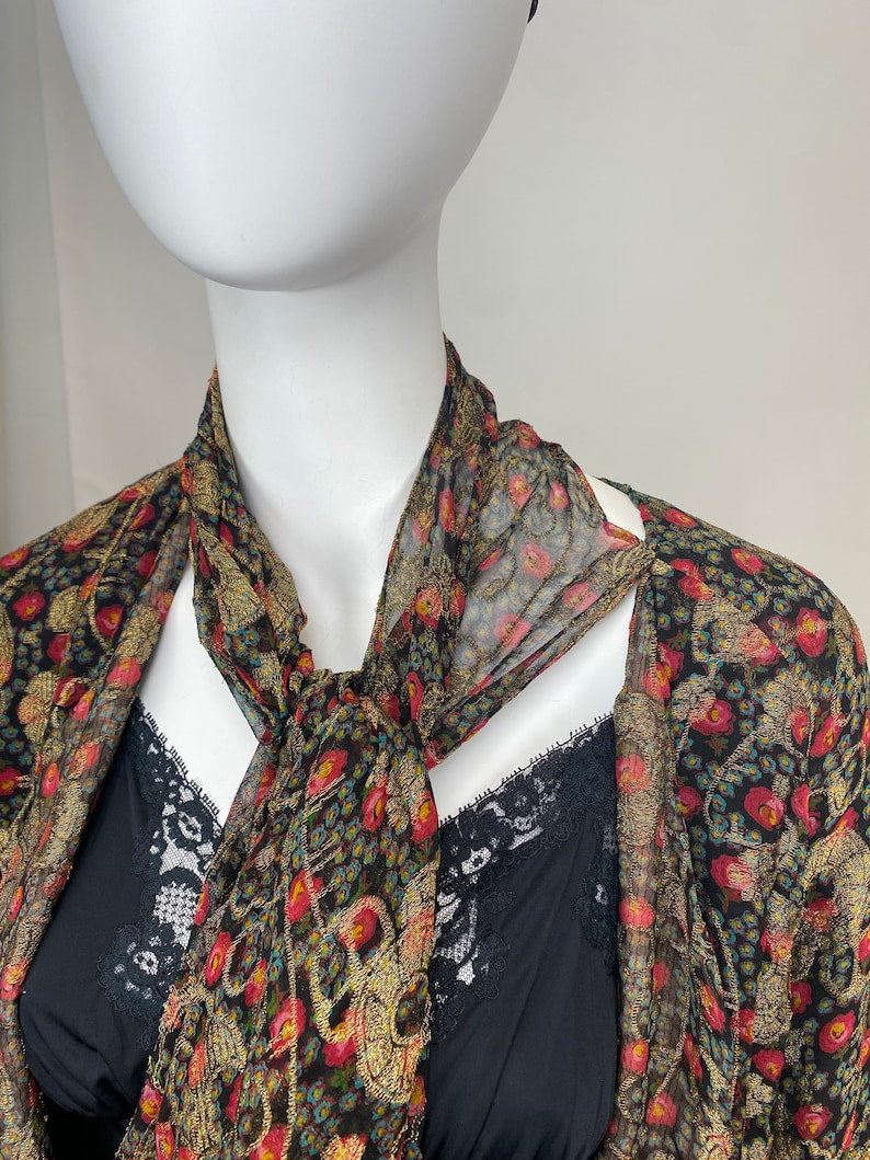 Antique 1920s Gold Lamé Silk Jacket with Matching Hat Colorful Printed Design