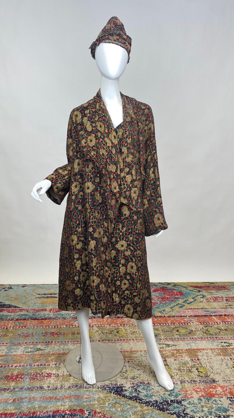 Antique 1920s Gold Lamé Silk Jacket with Matching Hat Colorful Printed Design