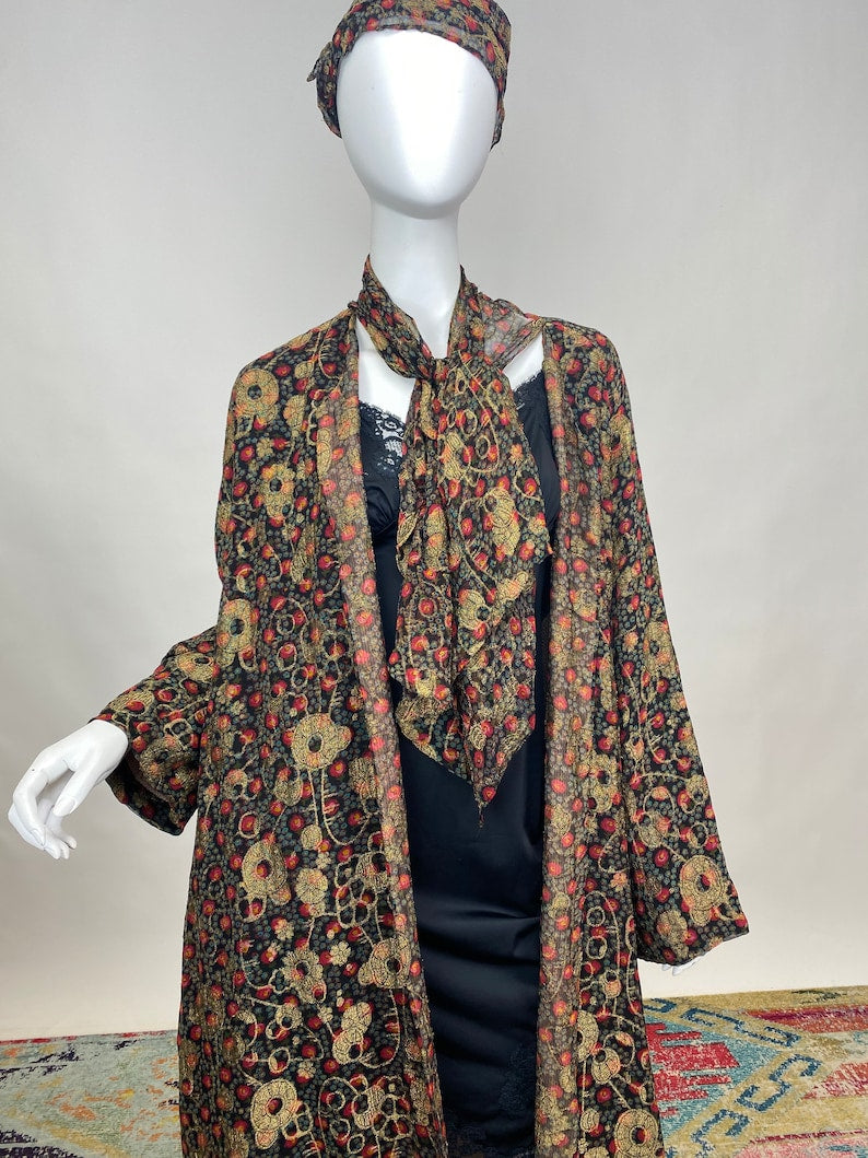 Antique 1920s Gold Lamé Silk Jacket with Matching Hat Colorful Printed Design