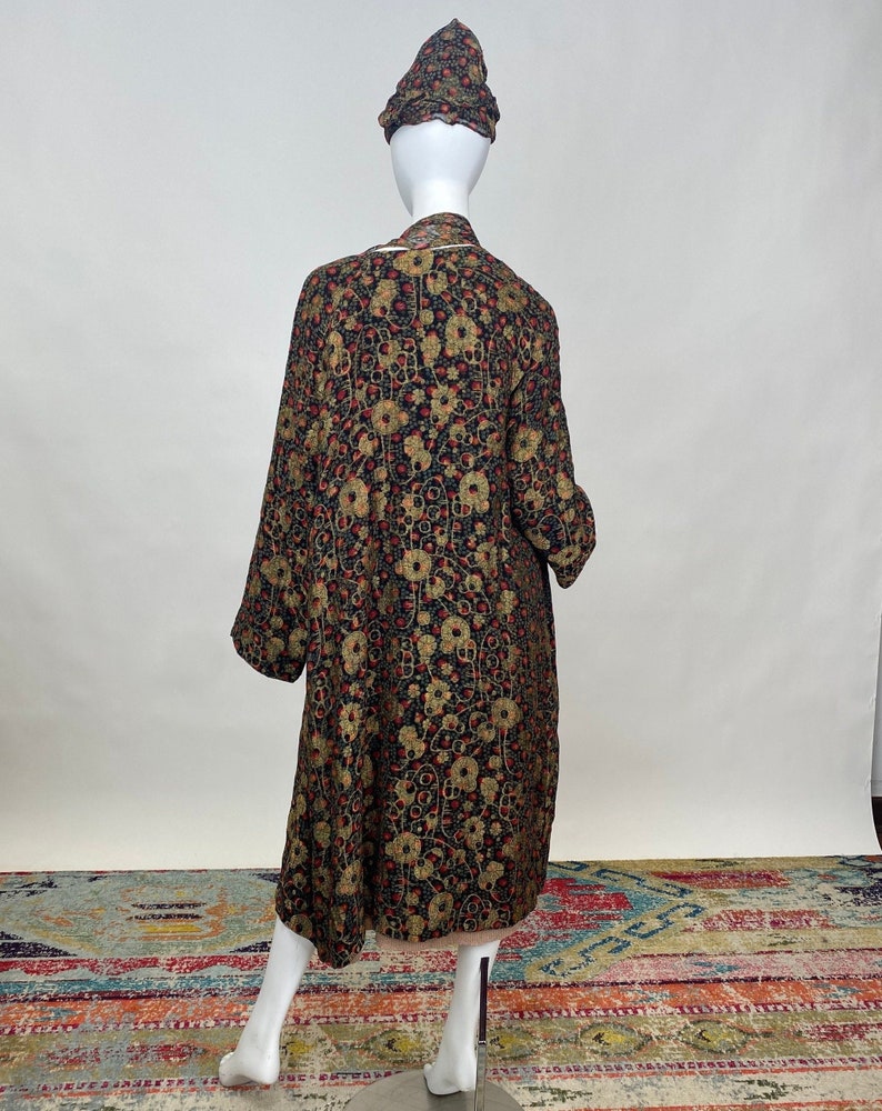 Antique 1920s Gold Lamé Silk Jacket with Matching Hat Colorful Printed Design