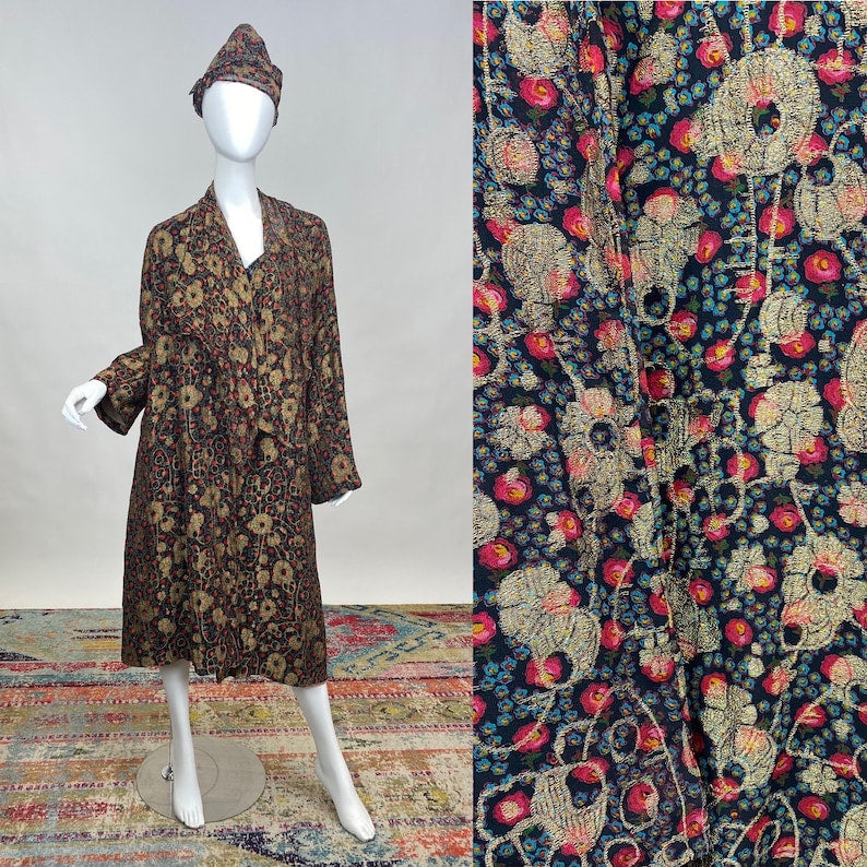 Antique 1920s Gold Lamé Silk Jacket with Matching Hat Colorful Printed Design