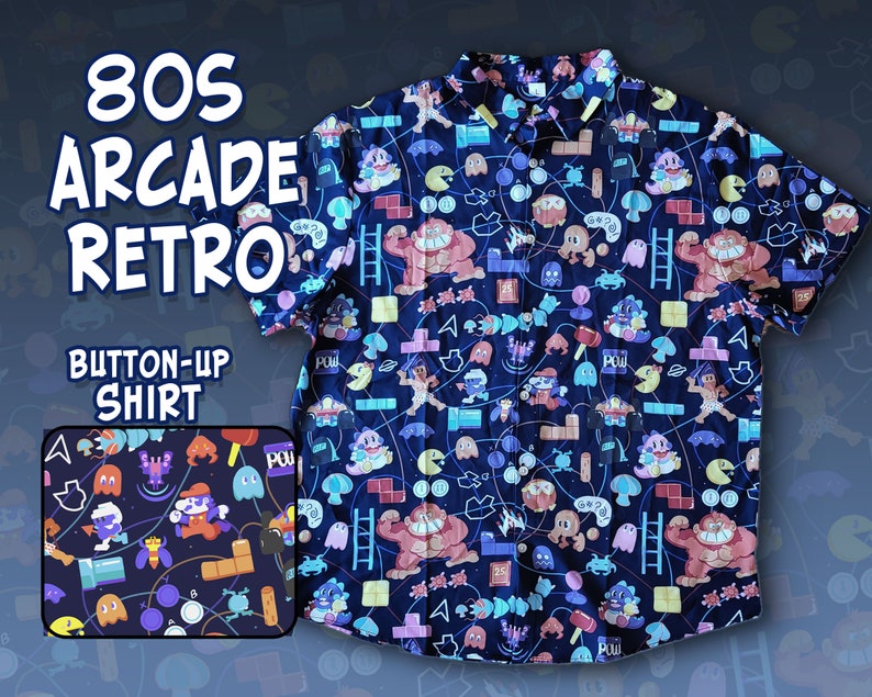 80s RETRO ARCADE Pattern Button Up Shirt Sizes S-3X | Video Games, Nintendo, Gamer, Hawaiian Shirt, Gaming Gift, Nostalgic