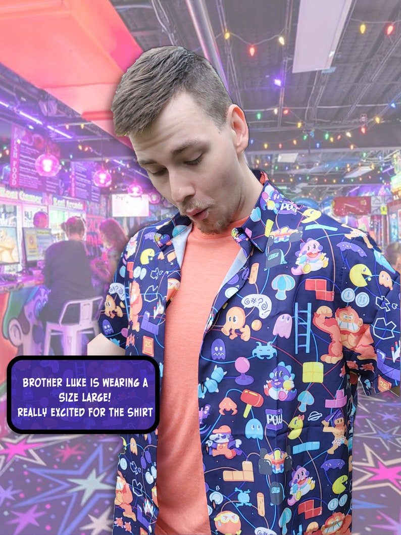 80s RETRO ARCADE Pattern Button Up Shirt Sizes S-3X | Video Games, Nintendo, Gamer, Hawaiian Shirt, Gaming Gift, Nostalgic