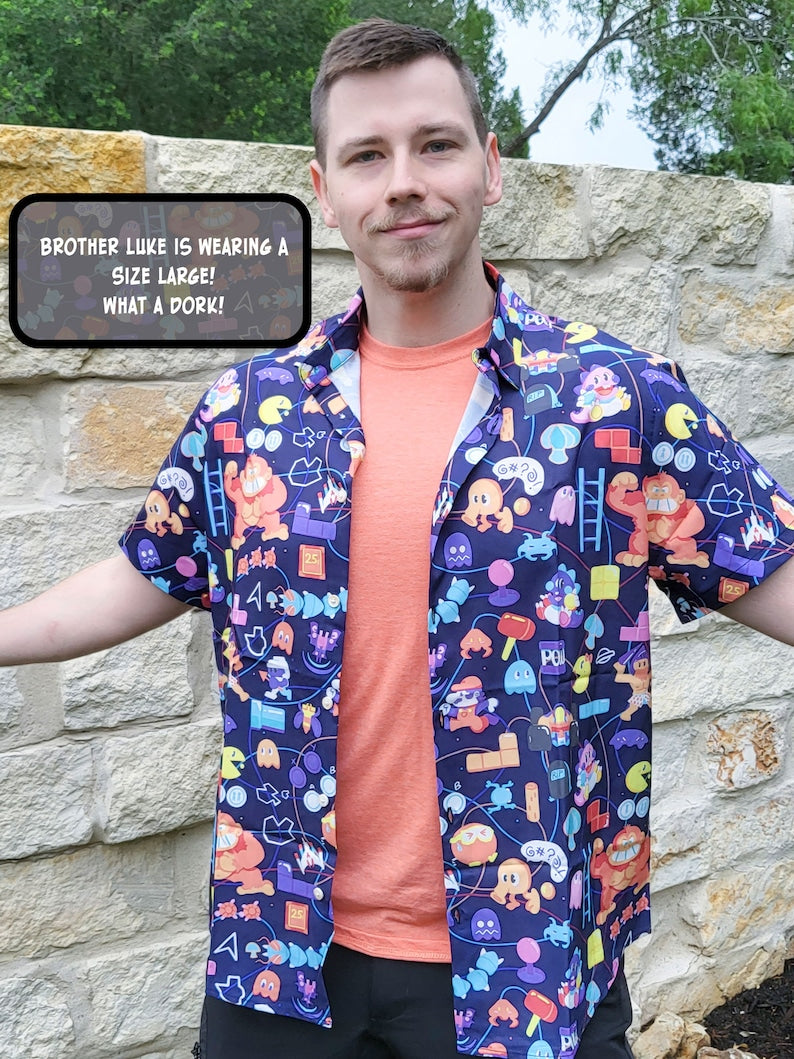 80s RETRO ARCADE Pattern Button Up Shirt Sizes S-3X | Video Games, Nintendo, Gamer, Hawaiian Shirt, Gaming Gift, Nostalgic