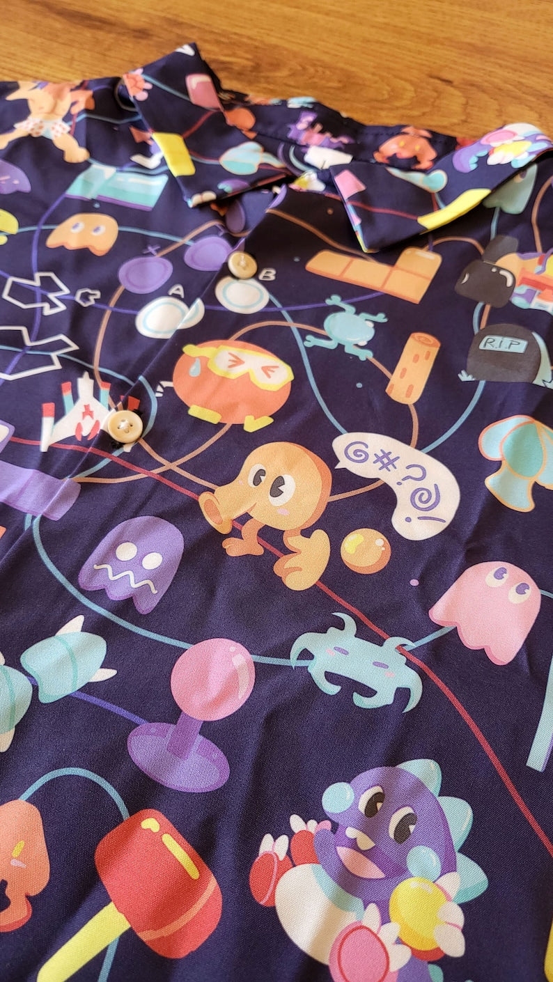 80s RETRO ARCADE Pattern Button Up Shirt Sizes S-3X | Video Games, Nintendo, Gamer, Hawaiian Shirt, Gaming Gift, Nostalgic