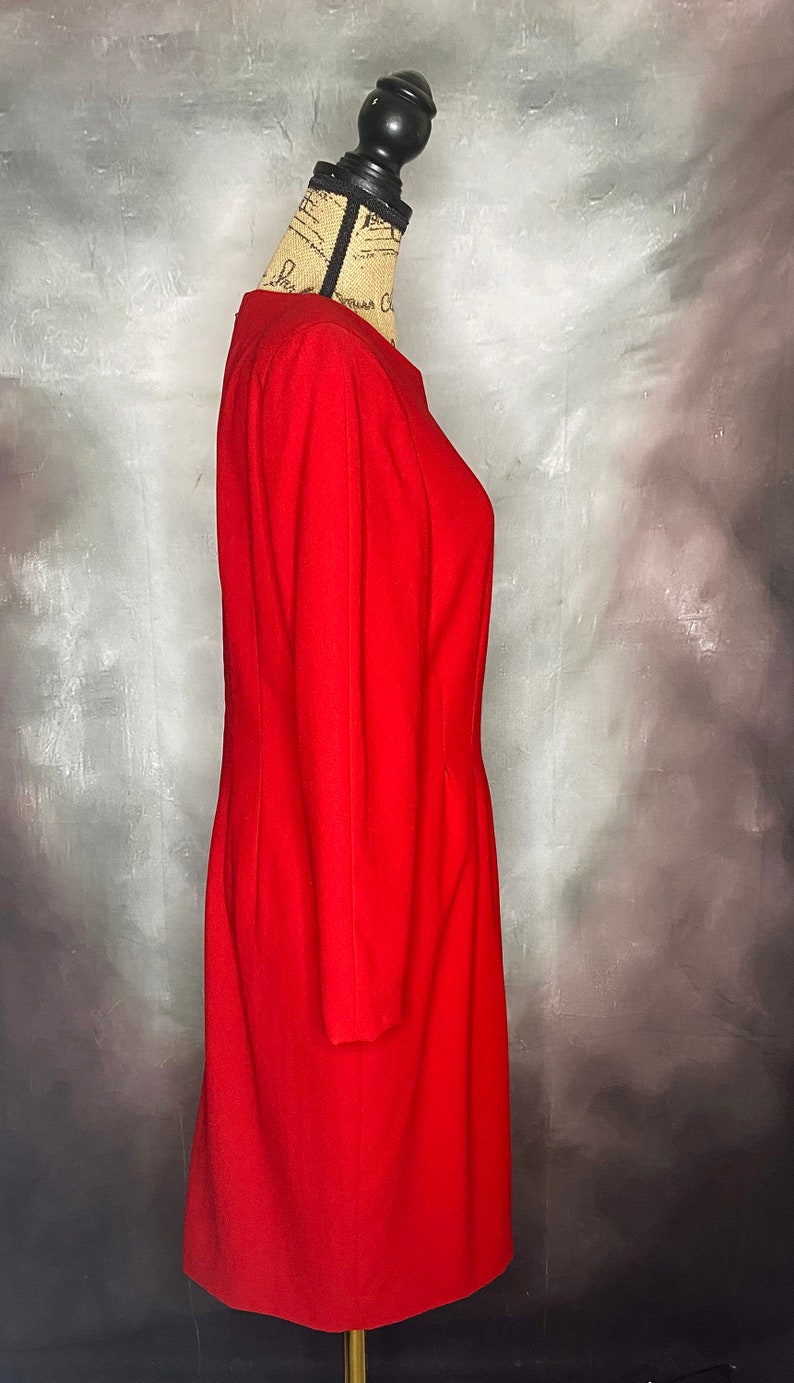 Vintage Dress, 80s Dress, Long Sleeve Dress, Red Dress, Hourglass Dress, Below the Knee Dress, Big Shoulder Dress, Fitted Waist Dress,Medium