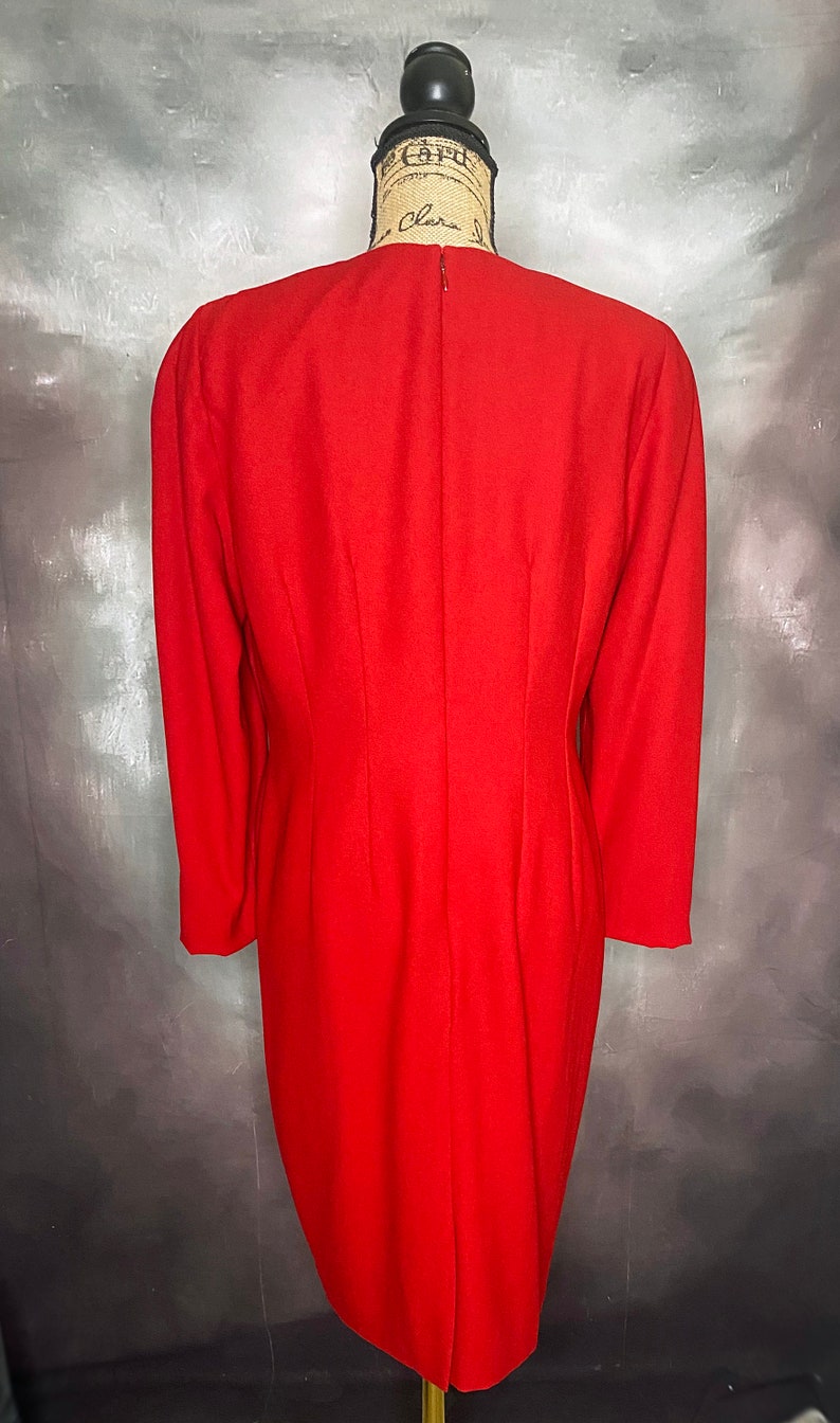 Vintage Dress, 80s Dress, Long Sleeve Dress, Red Dress, Hourglass Dress, Below the Knee Dress, Big Shoulder Dress, Fitted Waist Dress,Medium
