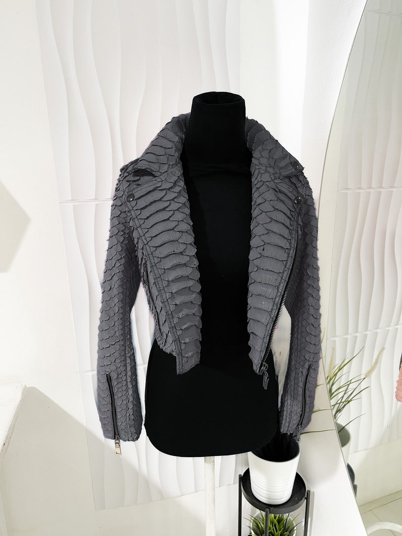 Custom King Python Leather Jacket, Woman’s Biker Snakeskin Jacket, Gray Leather Biker Jacket