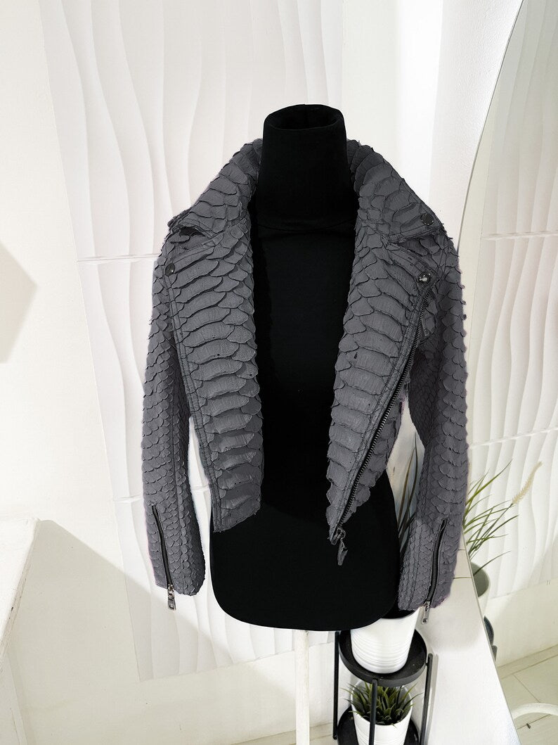 Custom King Python Leather Jacket, Woman’s Biker Snakeskin Jacket, Gray Leather Biker Jacket