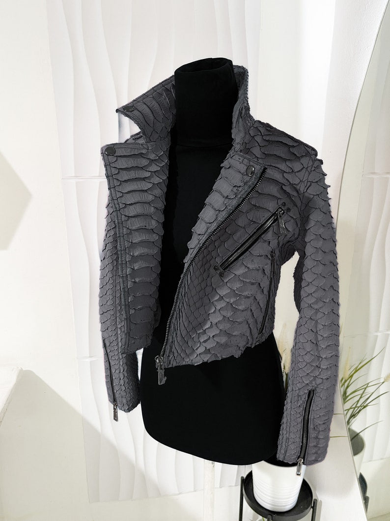 Custom King Python Leather Jacket, Woman’s Biker Snakeskin Jacket, Gray Leather Biker Jacket