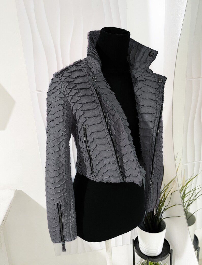 Custom King Python Leather Jacket, Woman’s Biker Snakeskin Jacket, Gray Leather Biker Jacket
