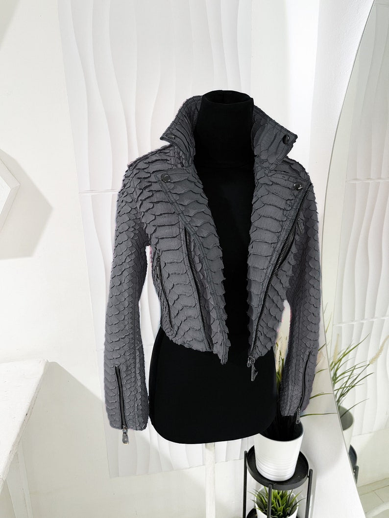 Custom King Python Leather Jacket, Woman’s Biker Snakeskin Jacket, Gray Leather Biker Jacket