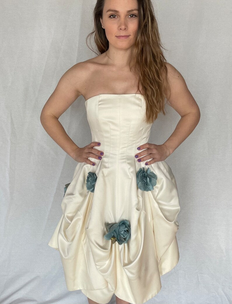 Vintage Betsey Johnson wedding dress white with blue flowers