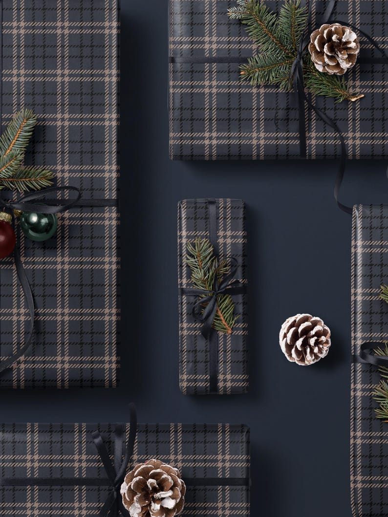 Classic Blue Plaid Wrapping Paper Traditional Gift Wrap Christmas Present Masculine Gift Wrapping Pattern Holiday Gift Wrap Festive Decor