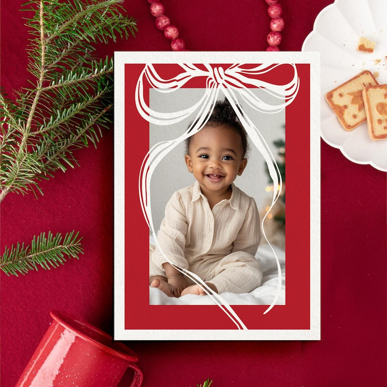 Cherry Red Classic Bow Christmas Photo Card, Printable Holiday Card | Bow Baby Announcement, Modern Christmas Card | Print Service Available