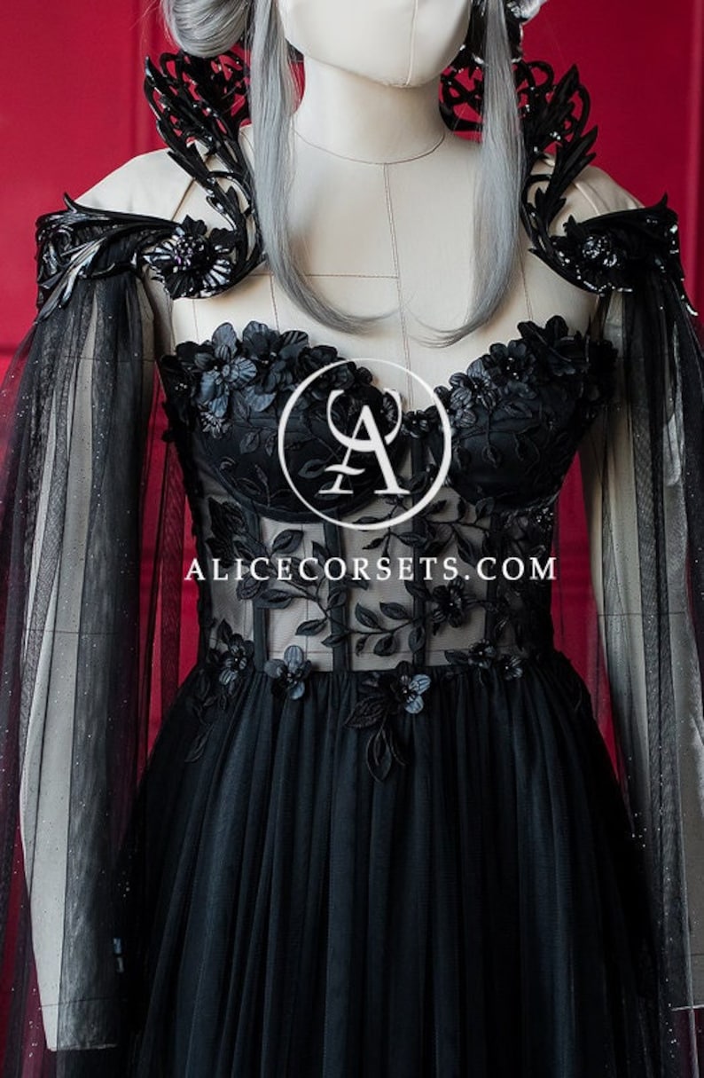 Luxury Gothic Fairytale Wedding Dress Cupped Corset Bodice ~ Black Bridal Gown ~ Halloween Vampire Cape ~ Wiccan Fantasy Masquerade Cloak