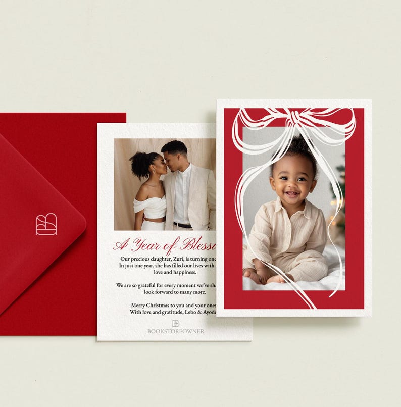 Cherry Red Classic Bow Christmas Photo Card, Printable Holiday Card | Bow Baby Announcement, Modern Christmas Card | Print Service Available
