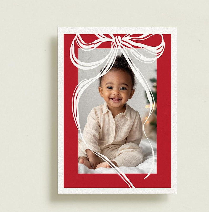 Cherry Red Classic Bow Christmas Photo Card, Printable Holiday Card | Bow Baby Announcement, Modern Christmas Card | Print Service Available