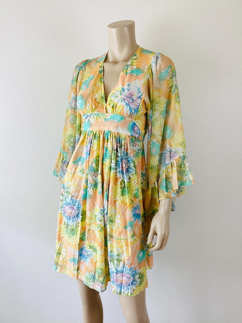 Vintage 1970s HUGE RUFFLED BUTTERFLY Sleeve Floral Print Empire Waist Mini Dress / Hippie Boho Style