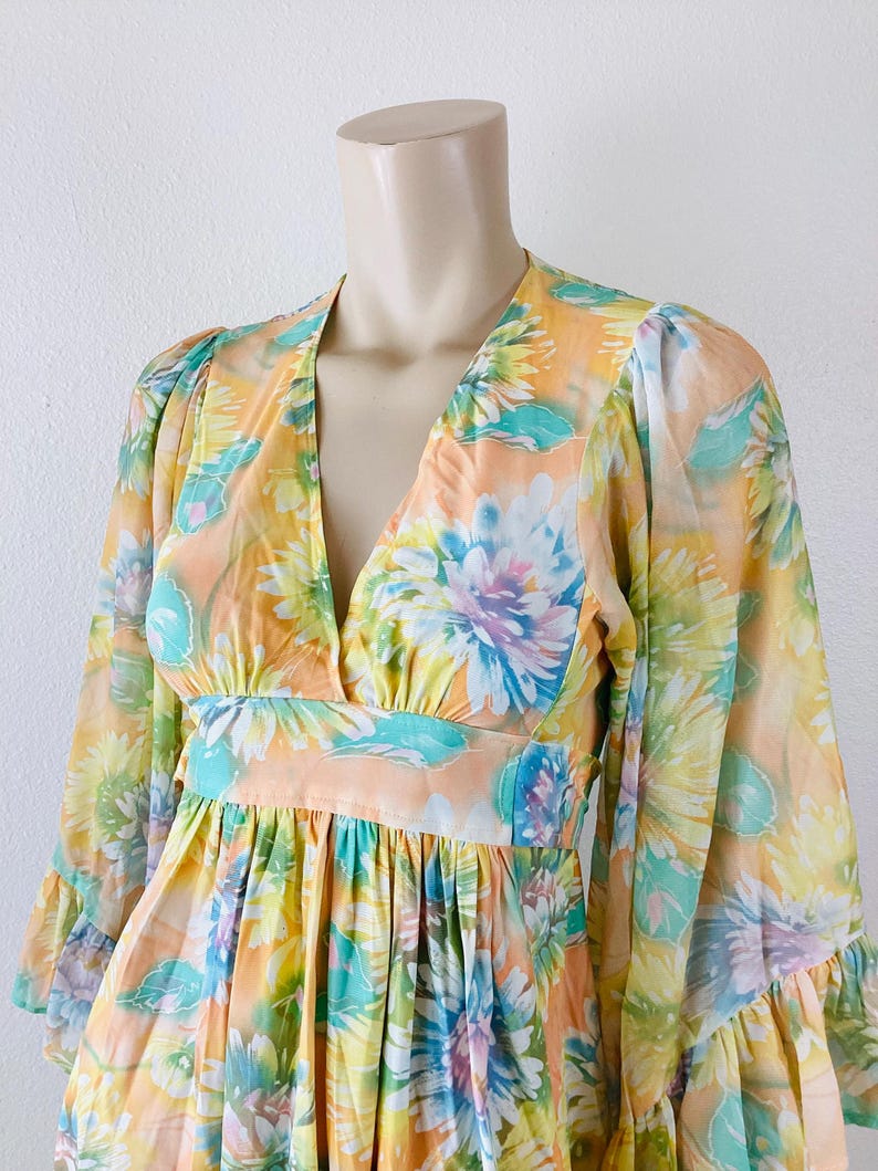Vintage 1970s HUGE RUFFLED BUTTERFLY Sleeve Floral Print Empire Waist Mini Dress / Hippie Boho Style