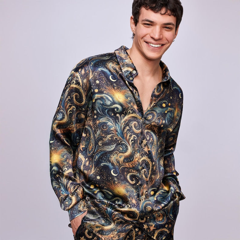 Celestial Swirl Set,Galaxy Print Shirt Pants for Men,Matching Festival Outfit,Boho Cosmic Loungewear in Natural Fabric,Festival Clothing