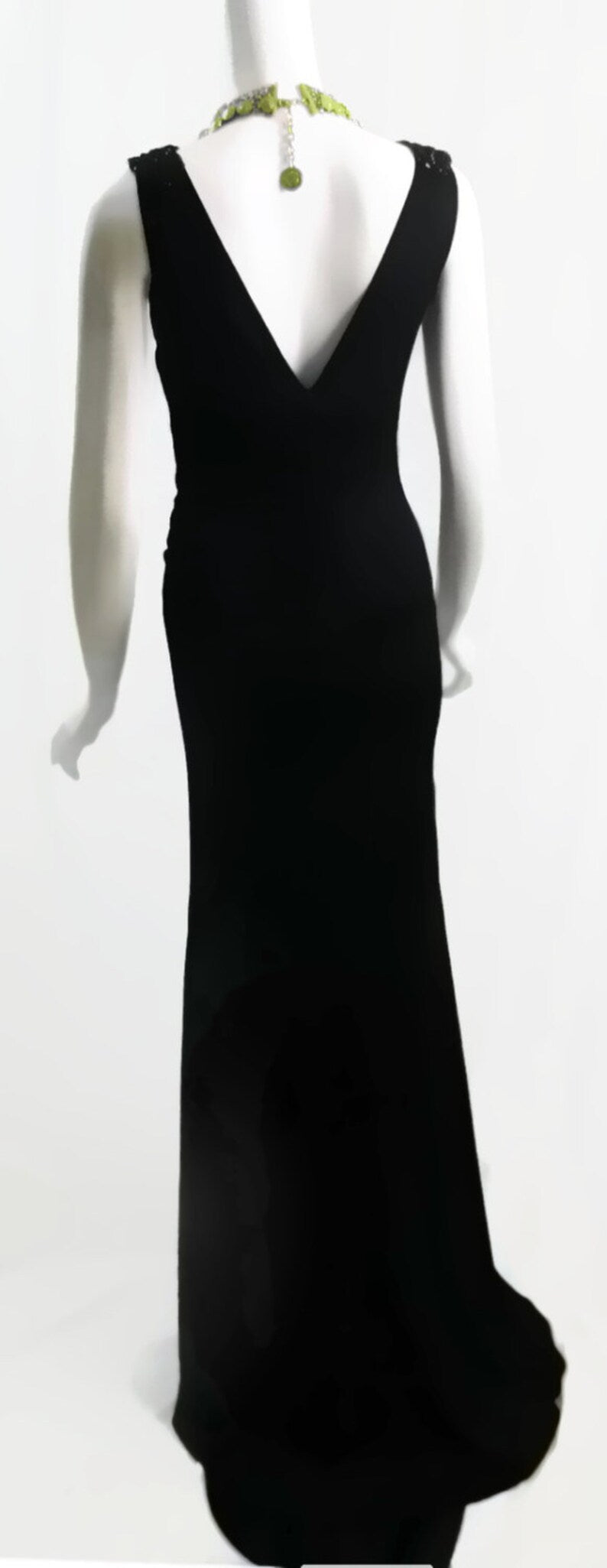 Vintage Gianni Versace Couture Black Evening Gown – Size 8 – Beaded Shoulders, Low Back, Long Dramatic Train