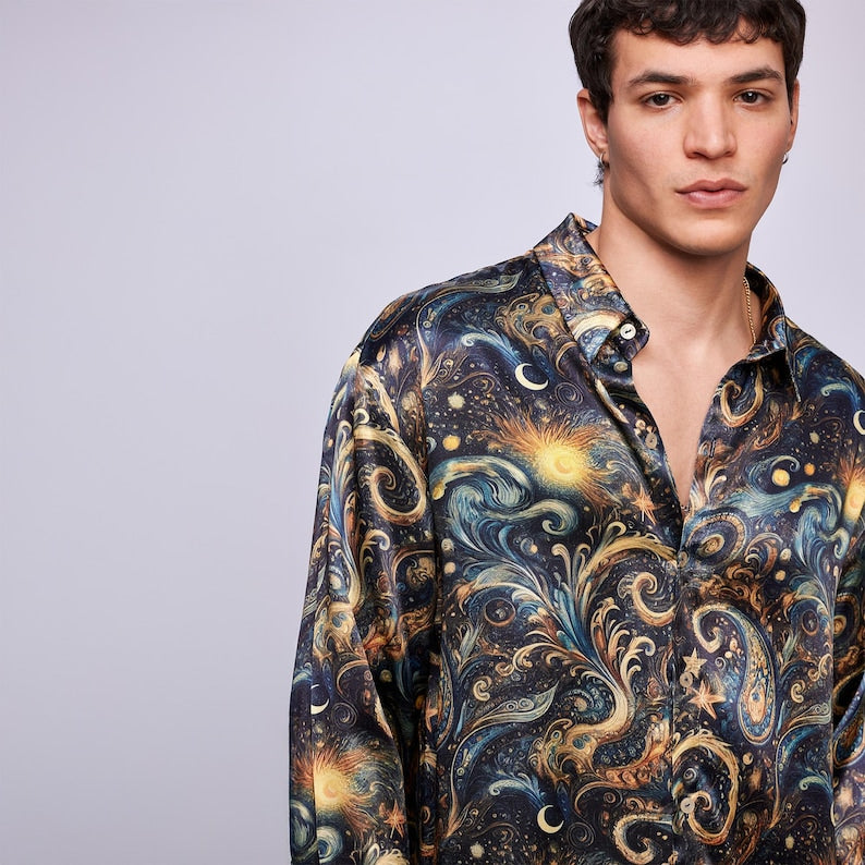 Celestial Swirl Set,Galaxy Print Shirt Pants for Men,Matching Festival Outfit,Boho Cosmic Loungewear in Natural Fabric,Festival Clothing