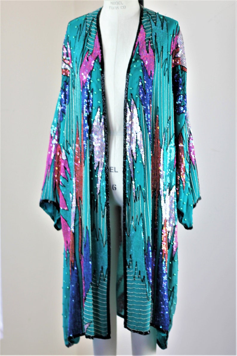 Sz L//Amazing Long Turquoise Patterned Duster//Beaded Sequined Vintage Judith Ann