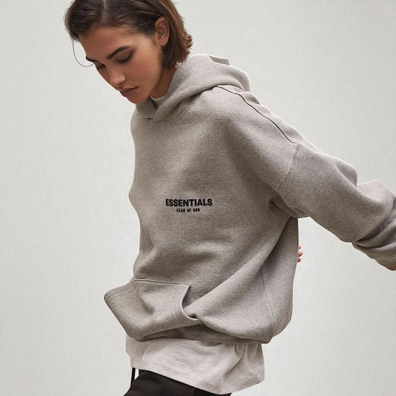 Vintage ESSENTIALS Loose Fit Hoodie High Street Essentials Grunge Clothing Gray Black Cotton Hooded Crew Neck Winter Sweatshirt HOODED