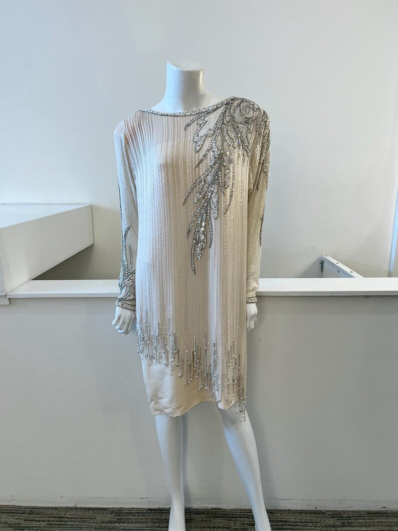 1980s Vintage Cream Beaded Silk Dress with Fringe Trim | Bob Mackie | Size 8, Medium