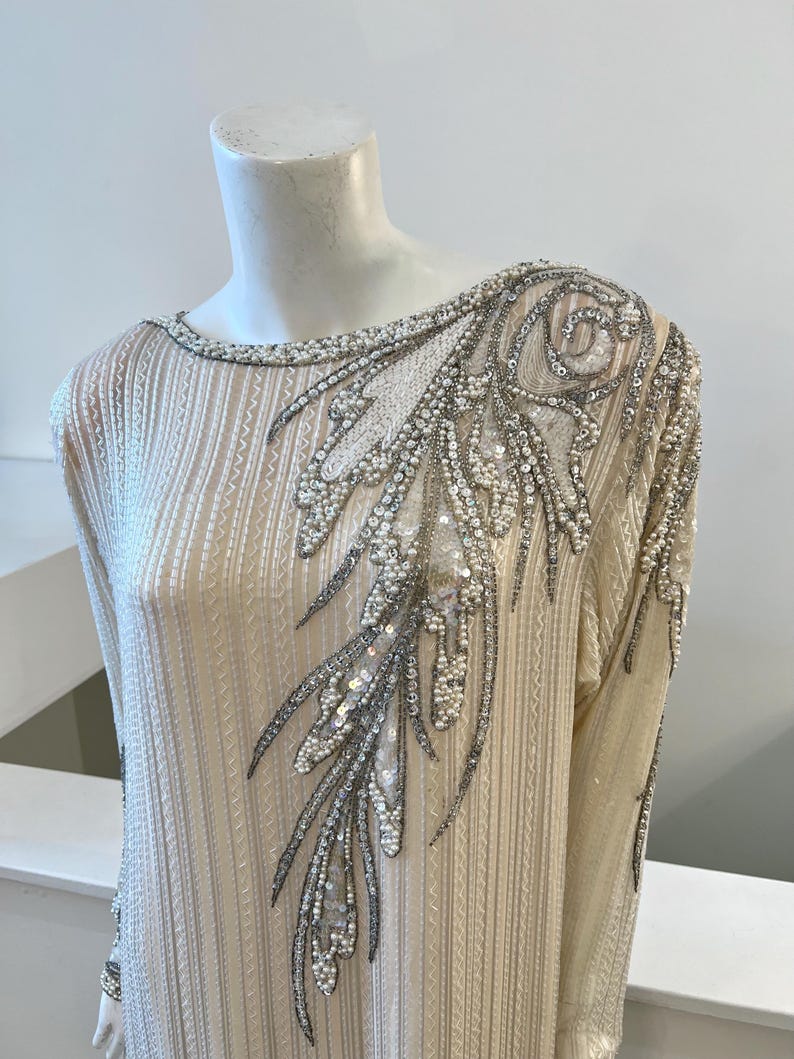 1980s Vintage Cream Beaded Silk Dress with Fringe Trim | Bob Mackie | Size 8, Medium