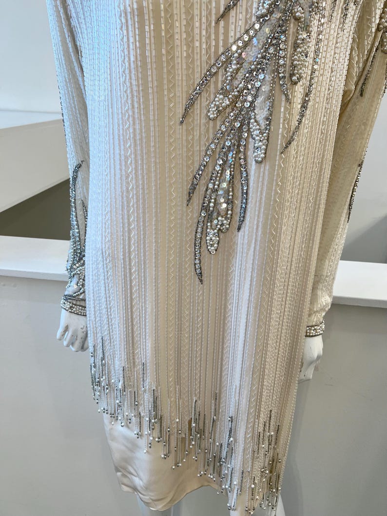 1980s Vintage Cream Beaded Silk Dress with Fringe Trim | Bob Mackie | Size 8, Medium