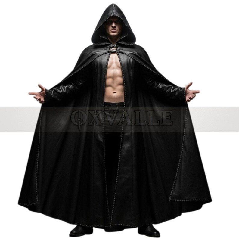 Handmade Leather Hooded Cloak: Gothic Cosplay Costume