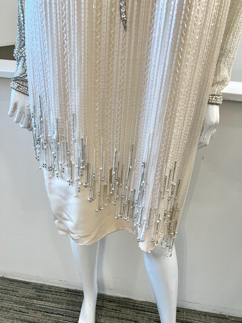 1980s Vintage Cream Beaded Silk Dress with Fringe Trim | Bob Mackie | Size 8, Medium